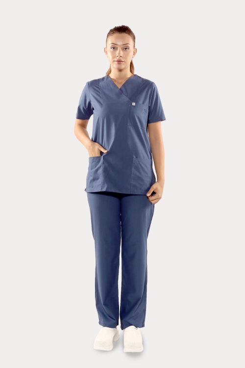 Damskie spodnie medyczne z prostą nogawką, z tylną kieszonką, elastyczna gumka w pasie - kolor indygo