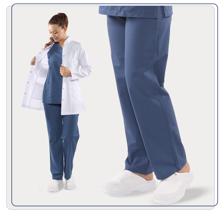 Damskie spodnie medyczne z prostą nogawką, z tylną kieszonką, elastyczna gumka w pasie - kolor indygo